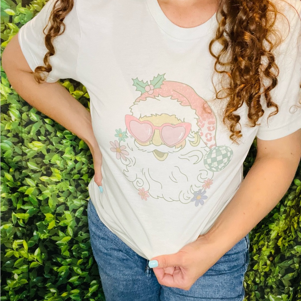 Disco Santa pink gray shirt